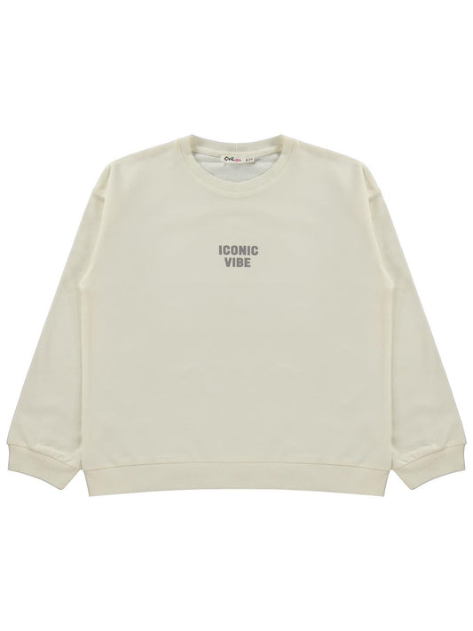 Civil Kız Çocuk Basic Sweatshirt | 2 İp Uzun Kol Bisiklet Yaka | Okul Kreş ve Günlük Kullanım - Ekru
