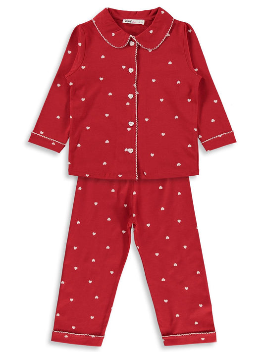 Civil Girls Kız Çocuk Kalpli Pijama Takımı | Süprem Uzun Kol | Okul Kreş ve Günlük Kullanım - Kırmızı