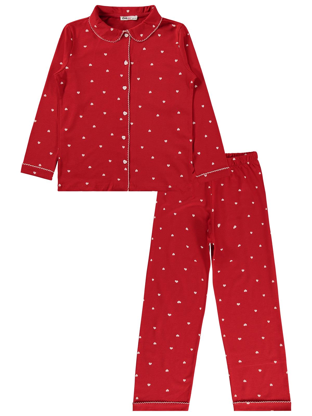 Civil Girls Kız Çocuk Kalpli Pijama Takımı | Süprem Uzun Kol | Okul Kreş ve Günlük Kullanım - Kırmızı