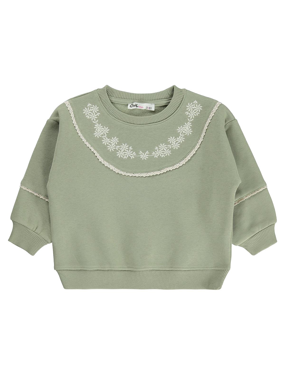 Civil Girls Çiçek Nakışlı 2-5 Yaş Sweatshirt - Haki