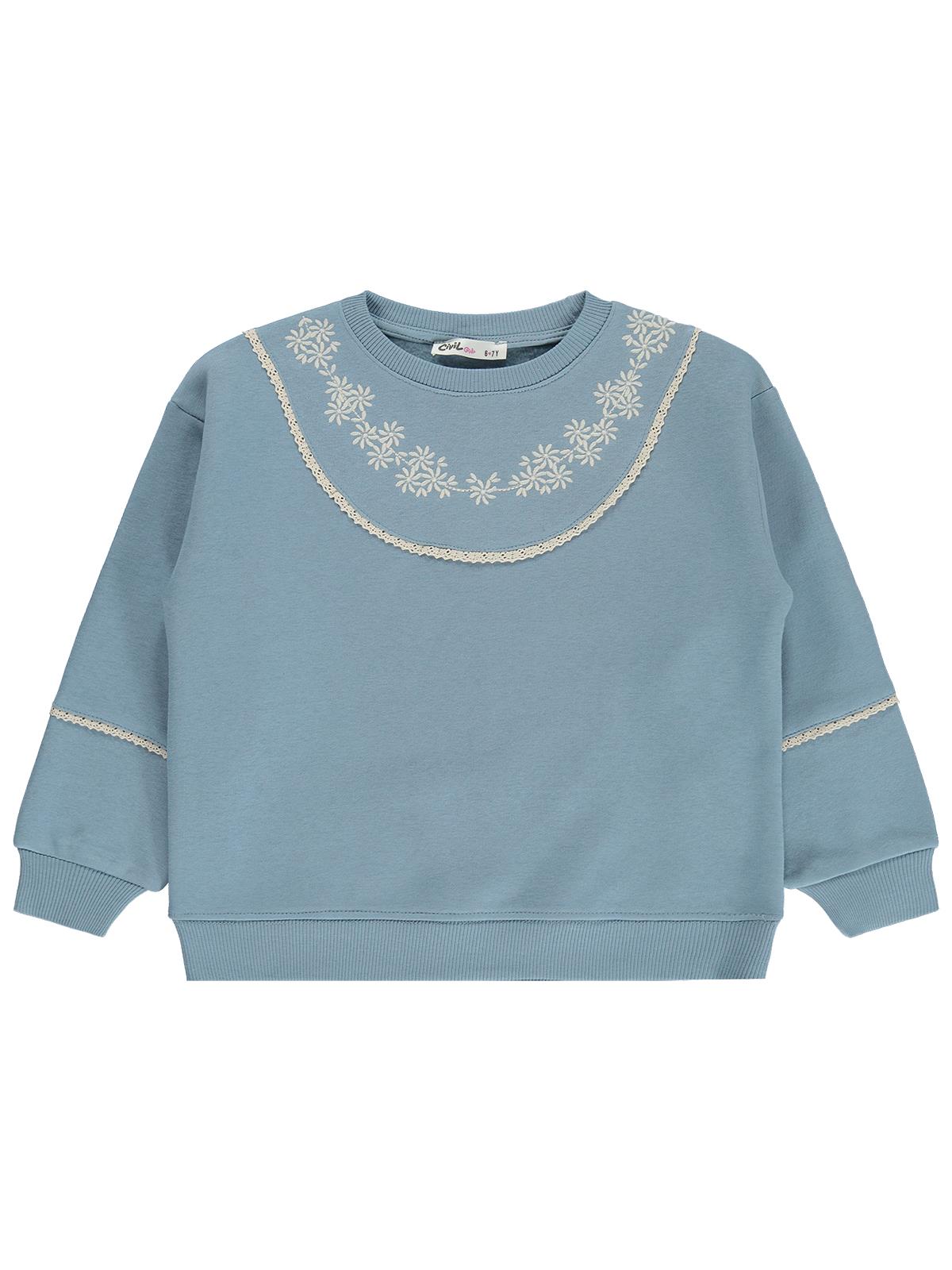 Civil Girls Çiçek Nakışlı 6-9 Yaş Sweatshirt - Mavi