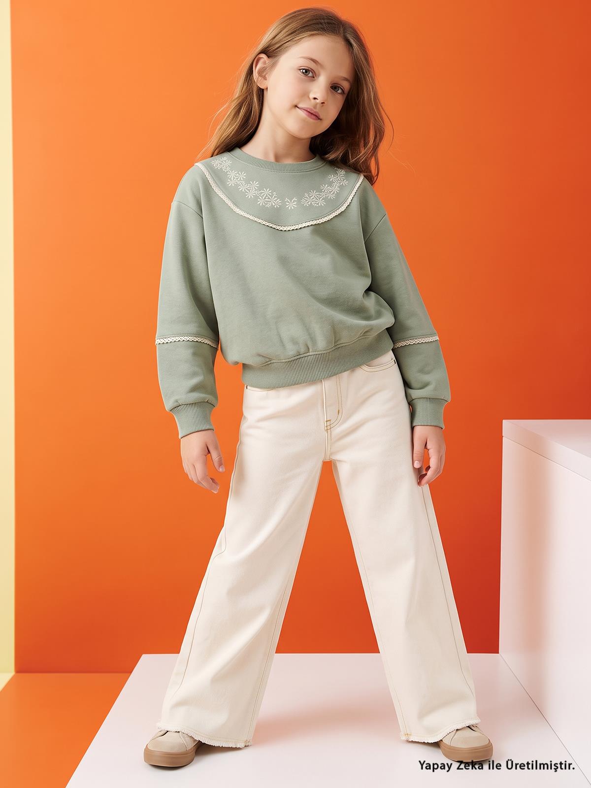 Civil Girls Çiçek Nakışlı 6-9 Yaş Sweatshirt - Haki