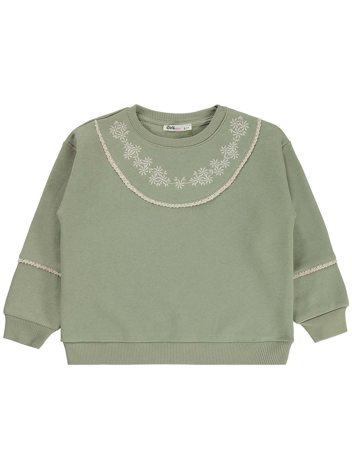 Civil Girls Çiçek Nakışlı 6-9 Yaş Sweatshirt - Haki