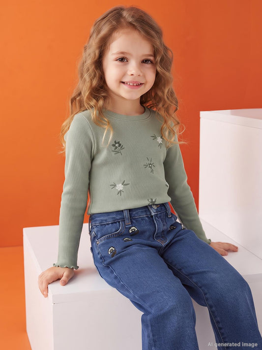 Civil Kız Çocuk Çiçek Baskılı Sweatshirt | Kaşkorse Uzun Kol | Okul Kreş ve Günlük Kullanım - Haki