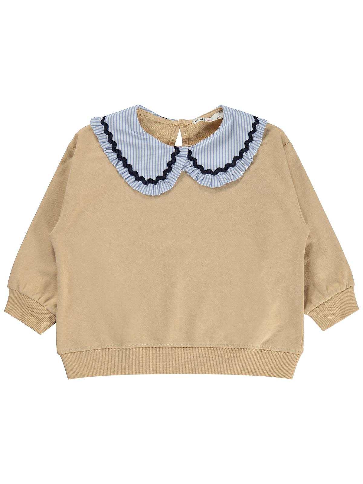Civil Kız Çocuk Yakası Fırfırlı Sweatshirt | 2 İp Uzun Kol Bebe Yaka | Okul Kreş ve Günlük Kullanım - Bej