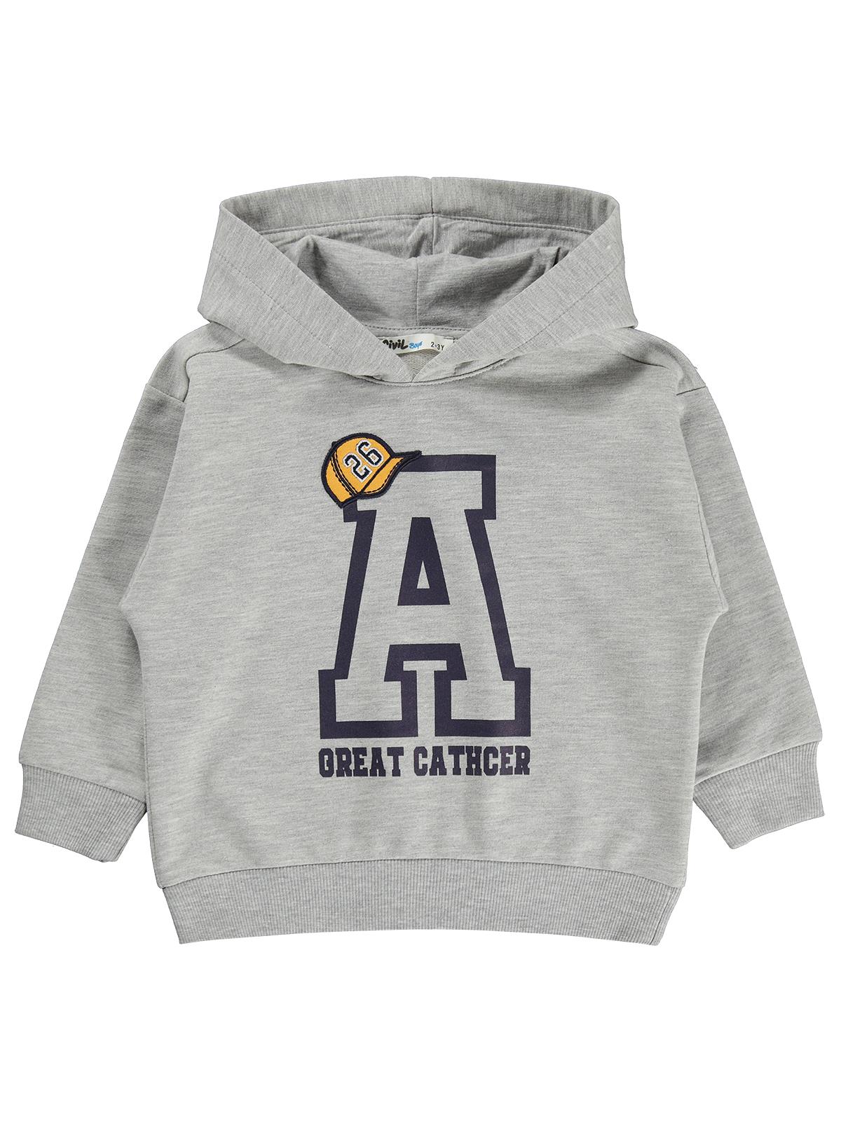 Civil Erkek Çocuk A Baskılı Sweatshirt | 2 İp Uzun Kol Kapşonlu | Okul Kreş ve Günlük Kullanım - Gri