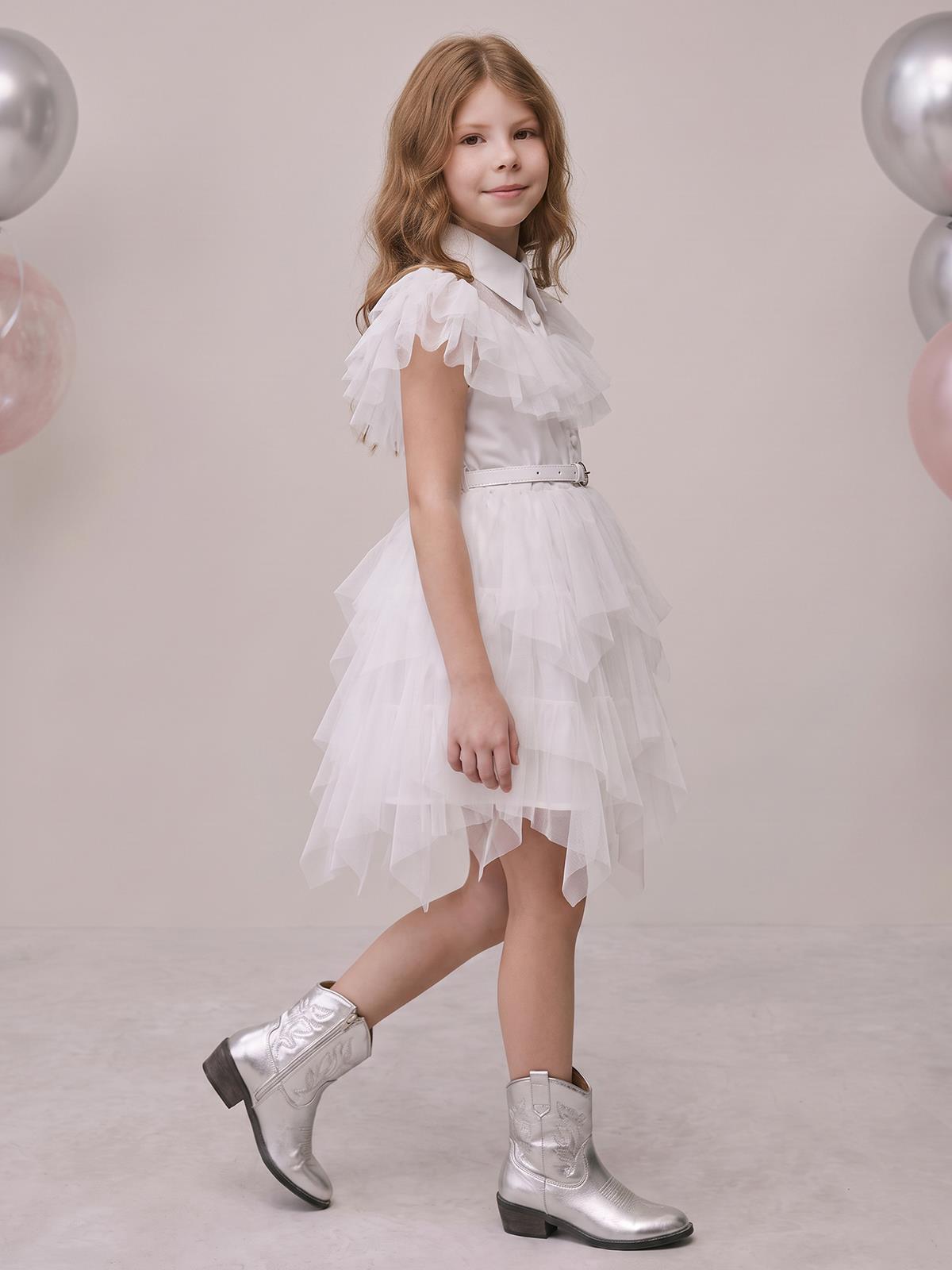 Civil Girls Beli Kemerli Tül 6-12 Yaş Elbise - Beyaz