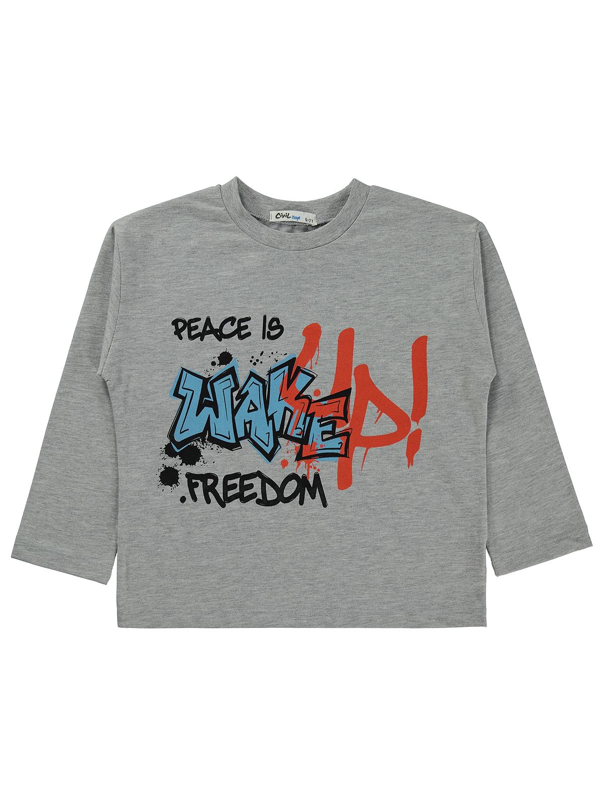 Civil Boys Erkek Çocuk Wake Up Baskılı Sweatshirt Km | Süprem Uzun Kol | Okul Kreş ve Günlük Kullanım - Gri