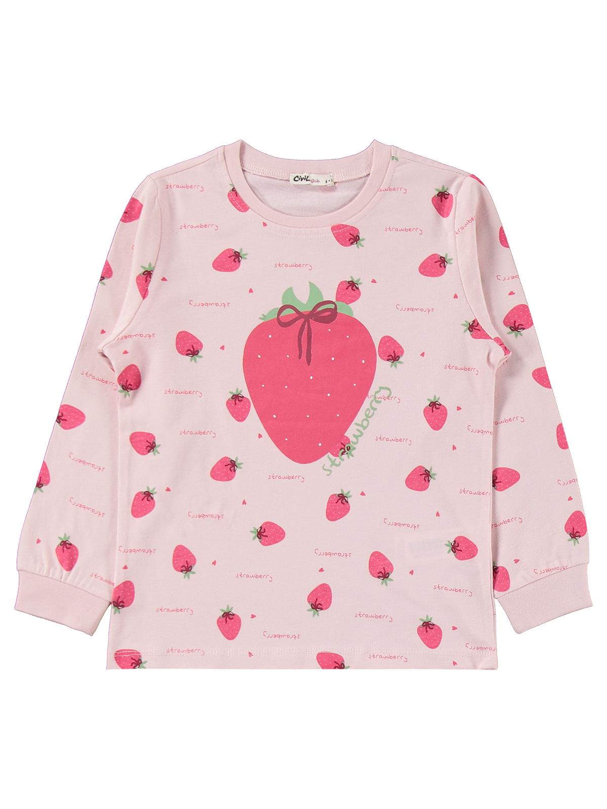 Civil Girls Kız Çocuk Çilek Desenli Pijama Takımı | Süprem-Süprem Uzun Kol | Okul Kreş ve Günlük Kullanım - Pudra