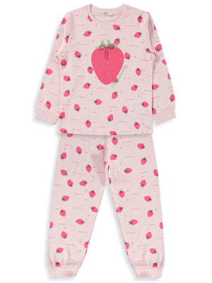 Civil Girls Kız Çocuk Çilek Desenli Pijama Takımı | Süprem-Süprem Uzun Kol | Okul Kreş ve Günlük Kullanım - Pudra