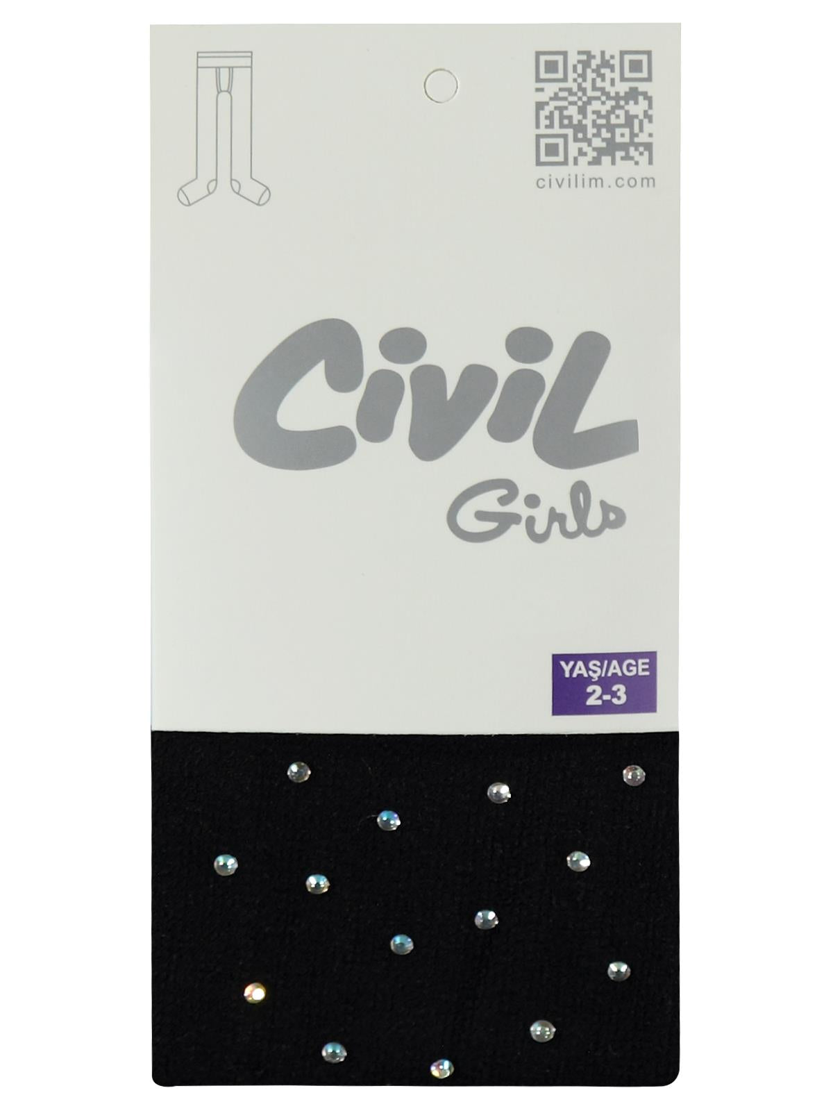 Civil Girls File Petek Desen Taşlı 2-12 Yaş Külotlu Çorap - Siyah