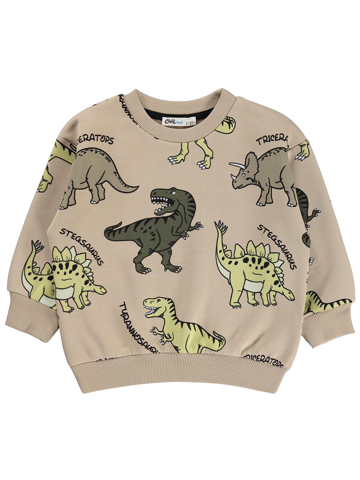 Civil Erkek Çocuk Dınosaur Empirme Sweatshirt | 3 İp Uzun Kol | Okul Kreş ve Günlük Kullanım - Bej
