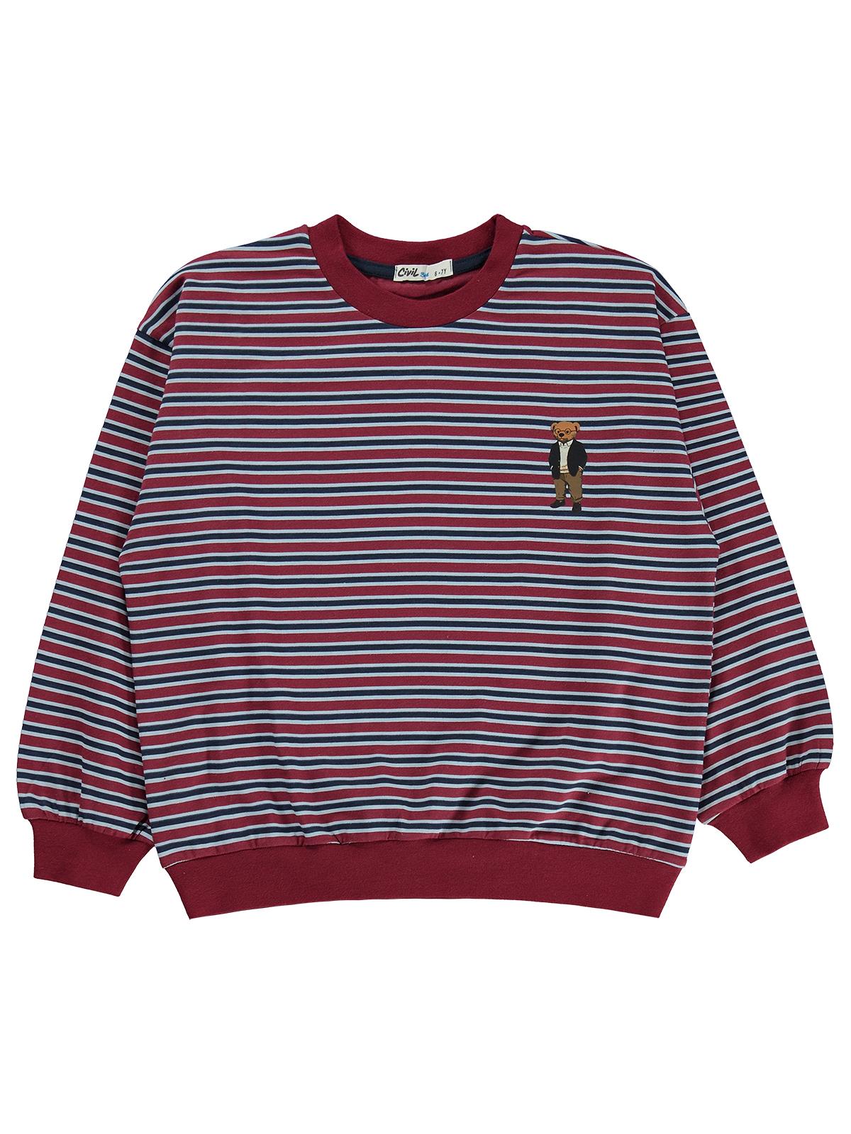 Civil Boys Çizgili Ayı Baskılı 6-9 Yaş Sweatshirt - Bordo