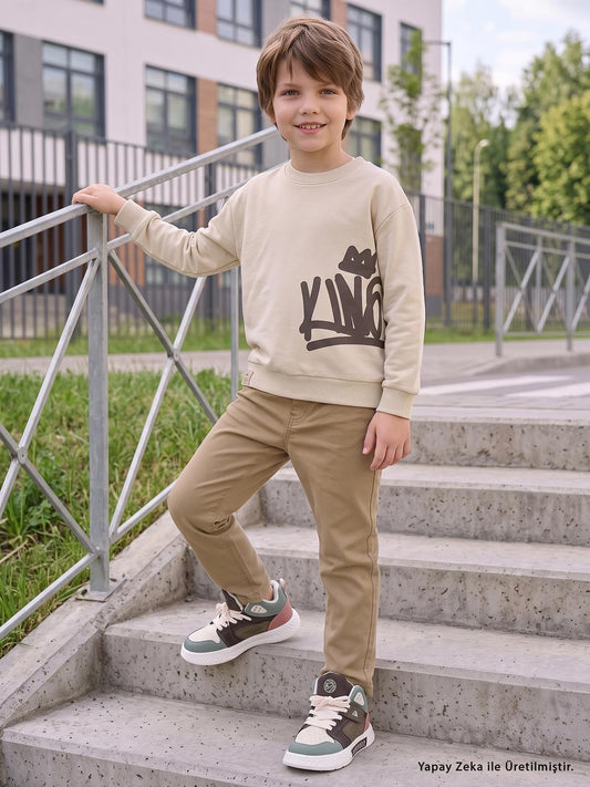Civil Erkek Çocuk Kıng Baskılı Sweatshirt | 3 İp Uzun Kol | Okul Kreş ve Günlük Kullanım - Bej
