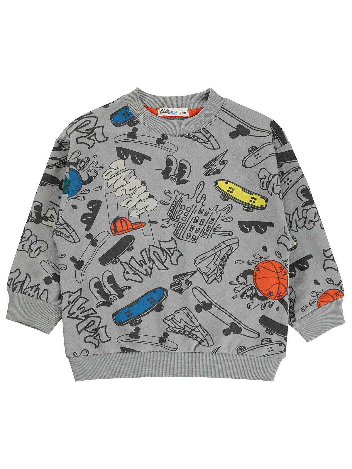 Civil Erkek Çocuk Graffiti Empirme Sweatshirt | 2 İp Uzun Kol | Okul Kreş ve Günlük Kullanım - Gri