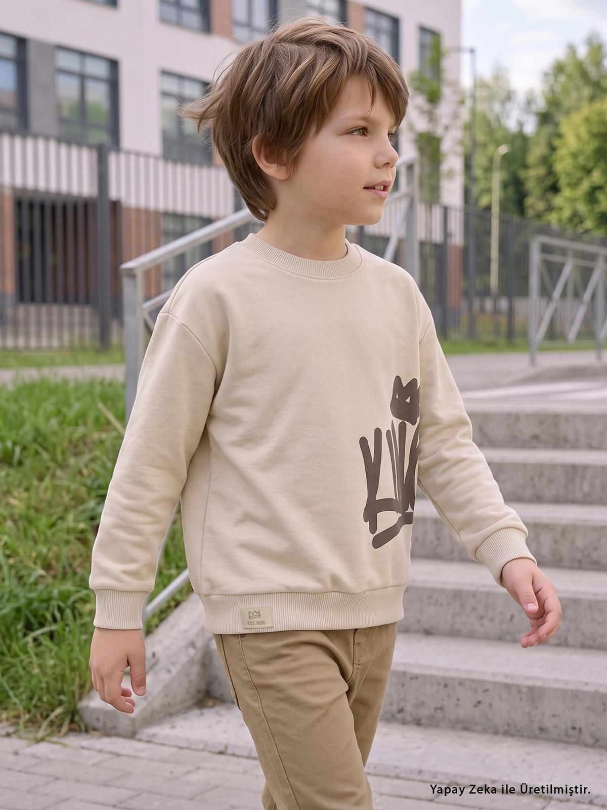 Civil Erkek Çocuk Kıng Baskılı Sweatshirt | 3 İp Uzun Kol | Okul Kreş ve Günlük Kullanım - Bej