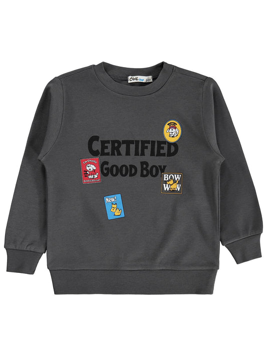 Civil Erkek Çocuk Certıfıed Baskılı Sweatshirt Km | İnterlok Uzun Kol | Okul Kreş ve Günlük Kullanım - Gri