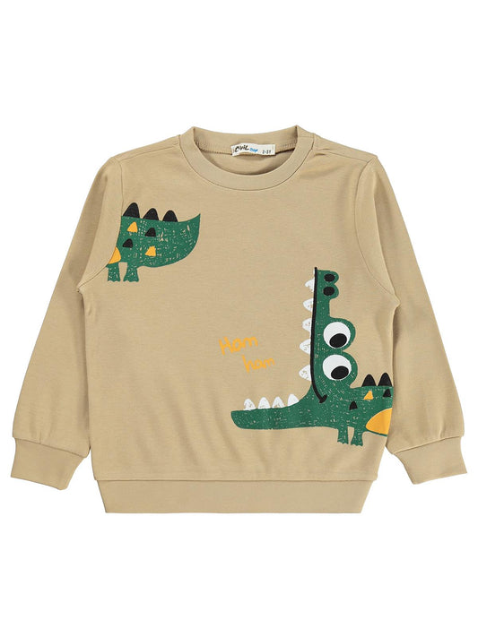 Civil Erkek Çocuk Timsah Baskılı Sweatshirt Km | İnterlok Uzun Kol | Okul Kreş ve Günlük Kullanım - Bej