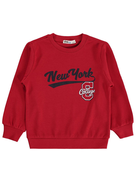 Civil Erkek Çocuk New York Baskılı Sweatshirt Km | İnterlok Uzun Kol | Okul Kreş ve Günlük Kullanım - Kırmızı
