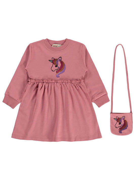 Silversun Unicorn Baskılı Çantalı 2-7 Yaş Elbise - Pembe