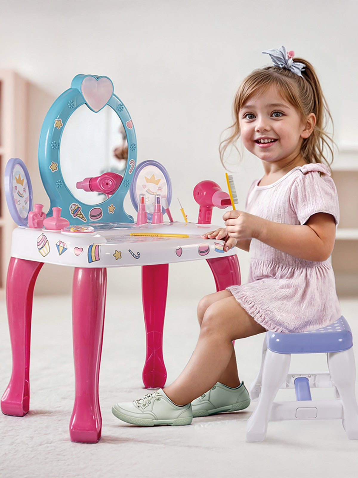 Unicorn Ayaklı Makyaj Masası Ve Sandalye Seti - Pembe