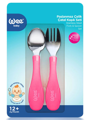 Wee Baby Paslanmaz Çelik Kaşık Çatal Seti - Pembe