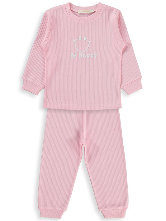 Minidamla Gülen Yüz Baskılı Pijama Takımı | İnterlok Uzun Kol | Okul Kreş ve Günlük Kullanım - Pembe