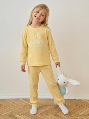 Minidamla Gülen Yüz Baskılı 1-7 Yaş Pijama Takımı - Sarı