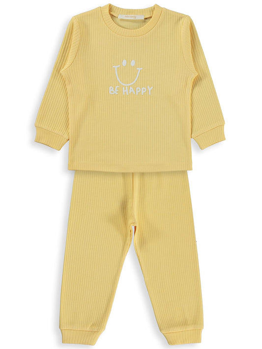 Minidamla Gülen Yüz Baskılı Pijama Takımı | İnterlok Uzun Kol | Okul Kreş ve Günlük Kullanım - Sarı