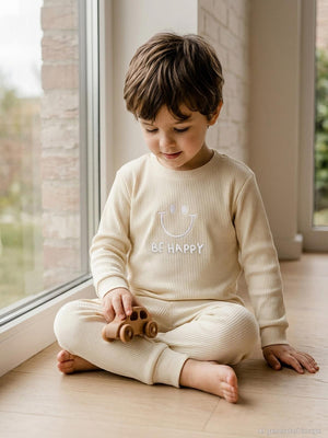 Minidamla Gülen Yüz Baskılı 1-6 Yaş Pijama Takımı - Bej