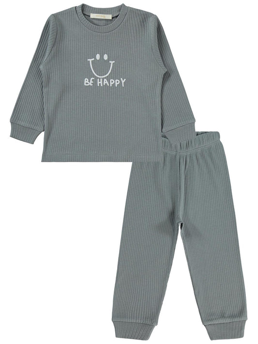 Minidamla Gülen Yüz Baskılı Pijama Takımı | İnterlok-İnterlok | Okul Kreş ve Günlük Kullanım - Gri
