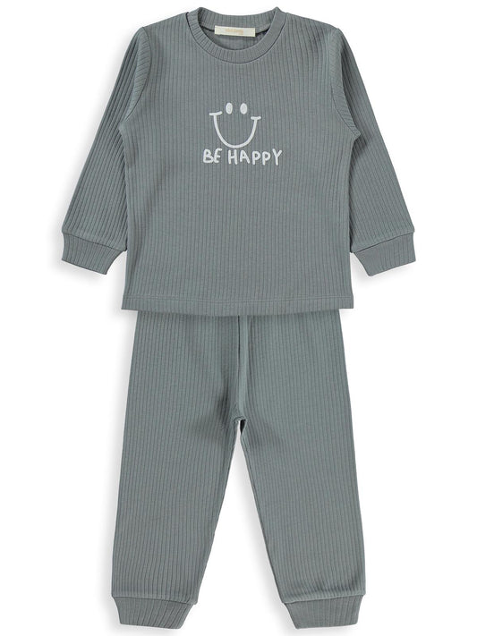 Minidamla Gülen Yüz Baskılı Pijama Takımı | İnterlok-İnterlok | Okul Kreş ve Günlük Kullanım - Gri