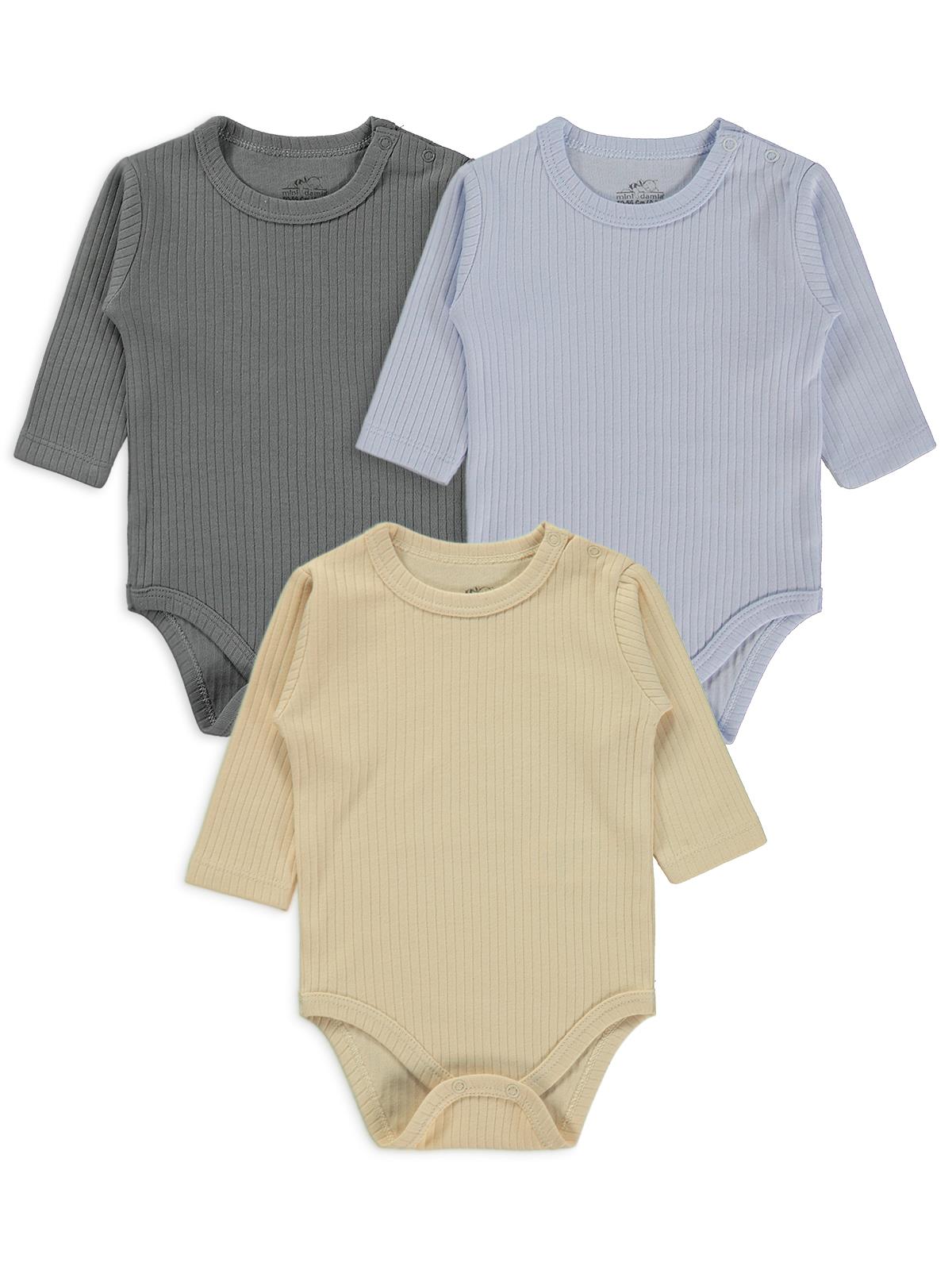 Minidamla Uzun Kol Basic 3'lü set 1-18 Ay Çıtçıtlı Badi - Mavi