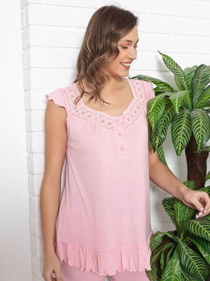 imissi ohusa V Yaka Fırfırlı  Pijama Takımı - Pembe