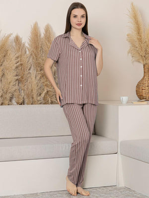 Limissi Çizgili Önden Düğmeli M-XXL Yetişkin Pijama Takımı - Kahverengi